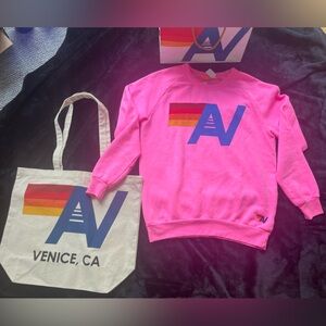 - NWT Aviator Nation Neon Pink Logo crew Size extra Small + Tote Bag